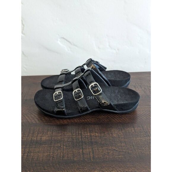 Vionic Misa Black Leather Strappy Buckled Slide Sandals - Size 7 - Picture 2 of 8
